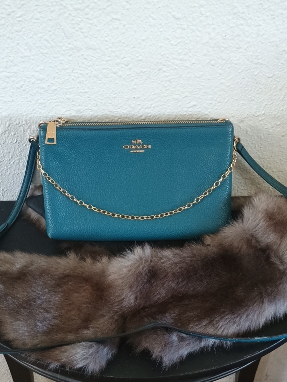 Coach Pebbled Leather Teal Crossbody Bag with Gold Chain